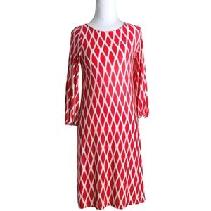 Hourglass Lilly Sheath Dress Womens Medium Coral White Ikat Diamond Long Sleeve